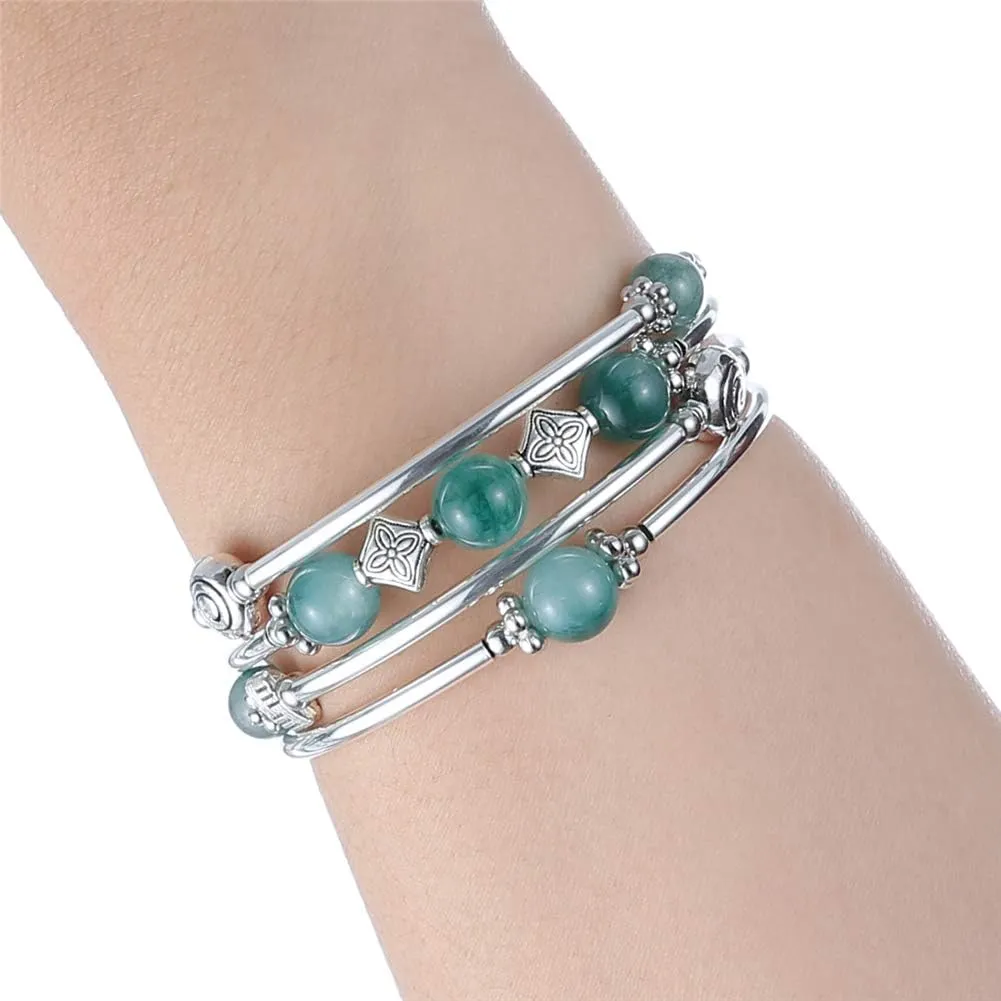 Beaded Pearl Bangle Wrap Bracelet - Fashion Bohemian Jewelry Multilayer Charm Bracelet with Thick Silver Metal Beads, Gift For Women