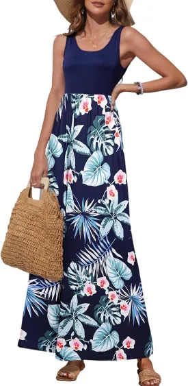 Bluetime Women's Summer Boho Sleeveless Floral Print Tank Long Maxi Dress (S-3XL)