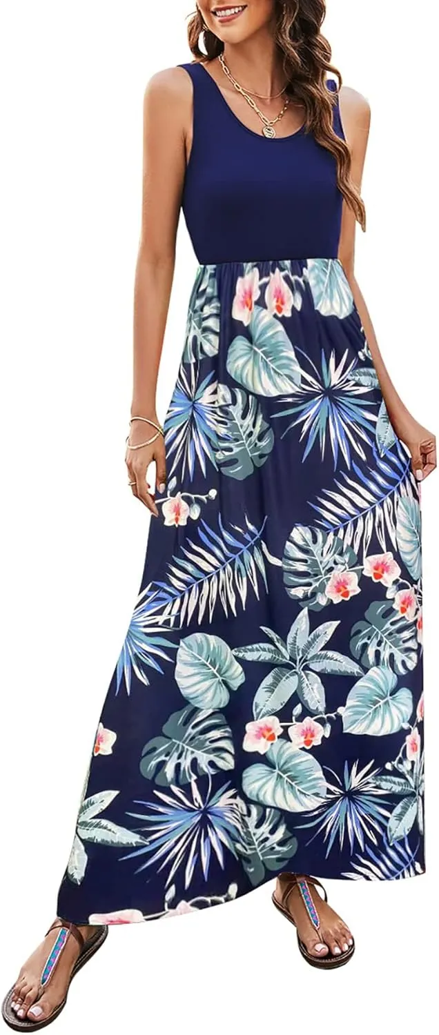 Bluetime Women's Summer Boho Sleeveless Floral Print Tank Long Maxi Dress (S-3XL)
