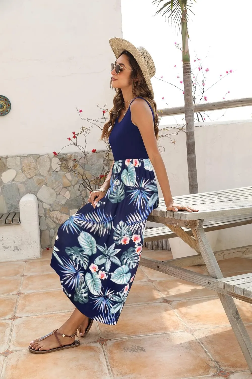 Bluetime Women's Summer Boho Sleeveless Floral Print Tank Long Maxi Dress (S-3XL)