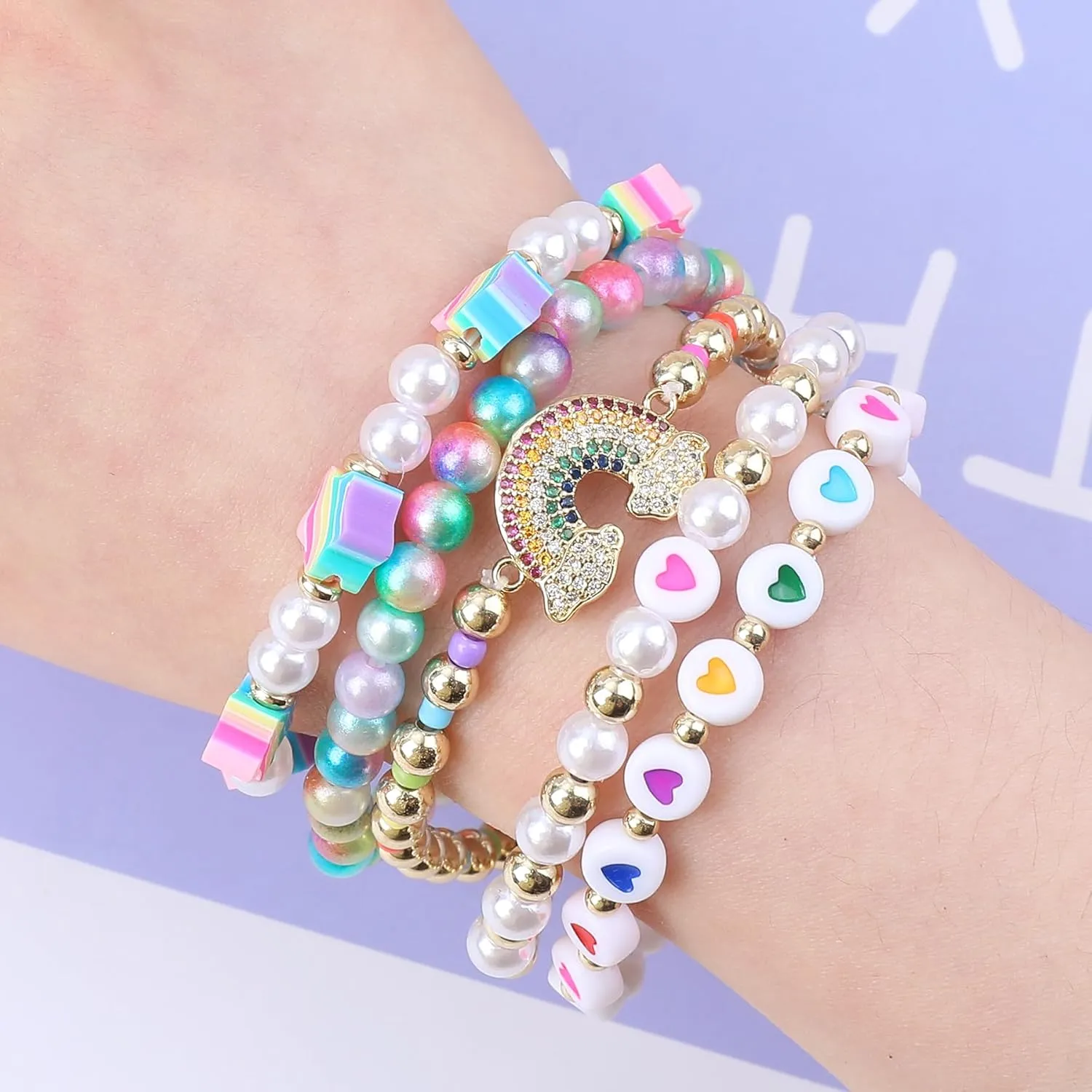 Bohemian Colorful Beaded Bracelets for Women Boho Stackable Natural Stone Letter Clay Glass Beads Stretch Bracelet Set with Charm, Cute Rainbow Friendship Bracelets for Summer Vacation