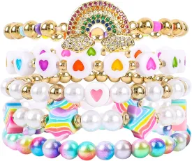 Bohemian Colorful Beaded Bracelets for Women Boho Stackable Natural Stone Letter Clay Glass Beads Stretch Bracelet Set with Charm, Cute Rainbow Friendship Bracelets for Summer Vacation