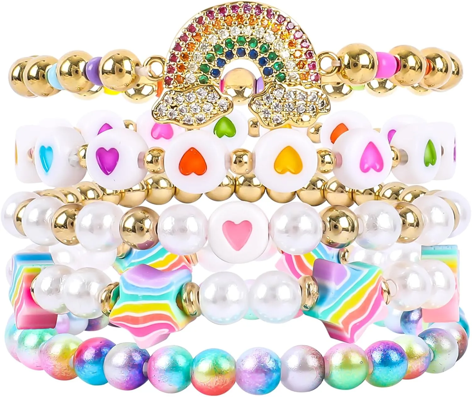 Bohemian Colorful Beaded Bracelets for Women Boho Stackable Natural Stone Letter Clay Glass Beads Stretch Bracelet Set with Charm, Cute Rainbow Friendship Bracelets for Summer Vacation
