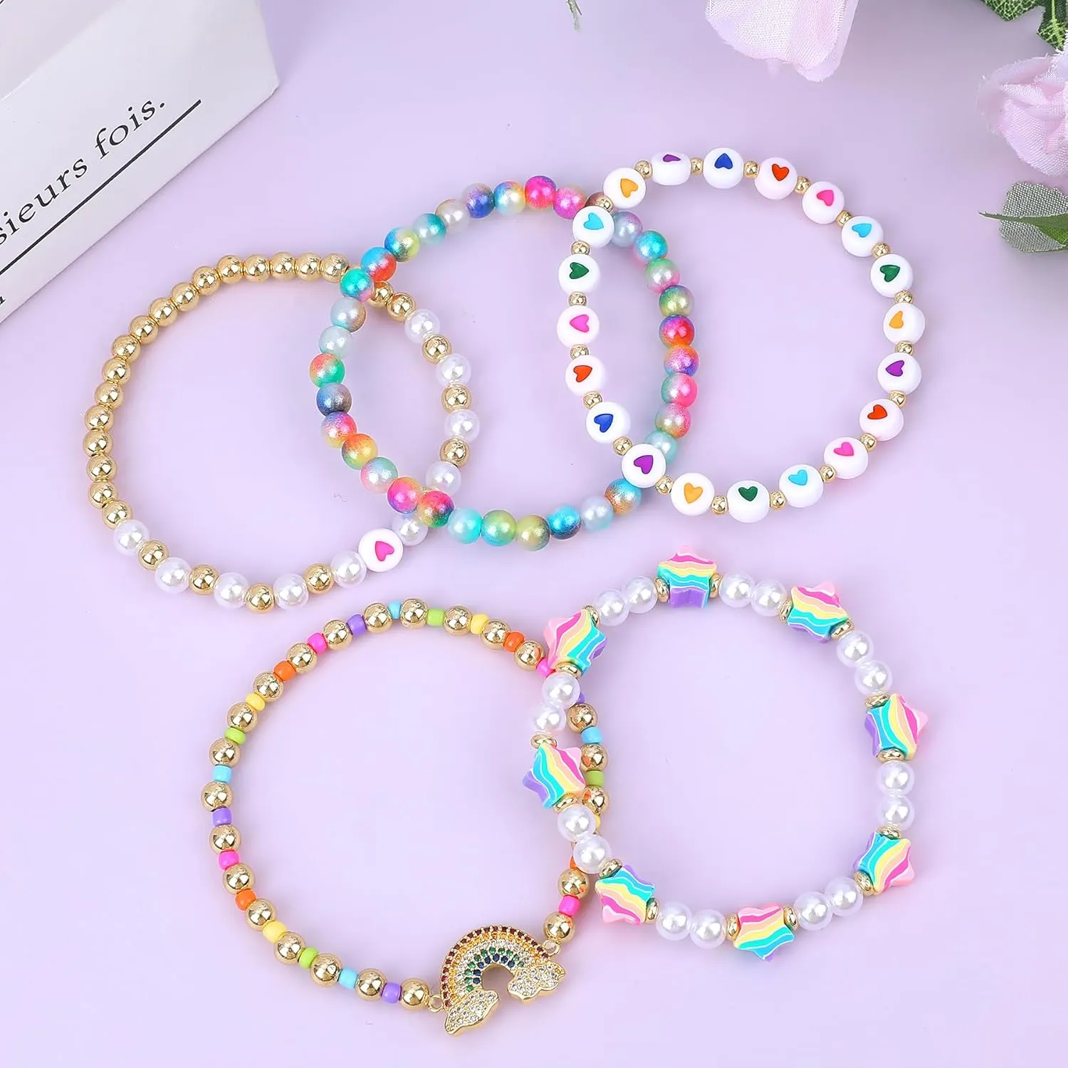 Bohemian Colorful Beaded Bracelets for Women Boho Stackable Natural Stone Letter Clay Glass Beads Stretch Bracelet Set with Charm, Cute Rainbow Friendship Bracelets for Summer Vacation