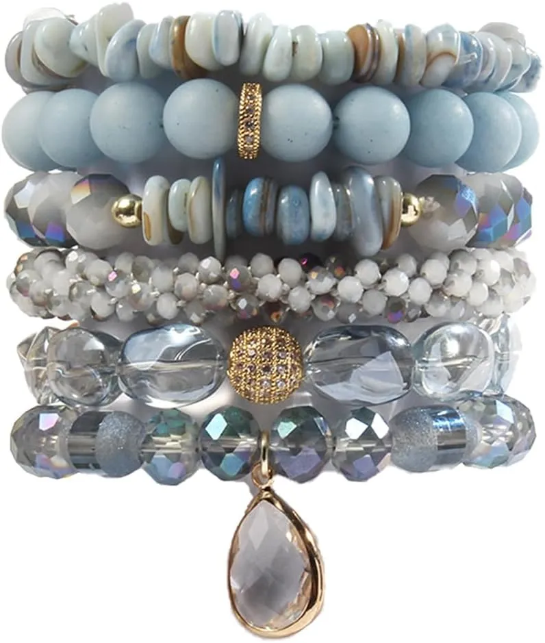 Boho Beaded Bracelets/Bangle for Women,Multilayer 5/6/7PCS Healing Natural Handmade Stone Bead Bracelets Stackable Stretch Friendship Beaded Bracelet Set Trendy Western Bohemian Jewelry Gift