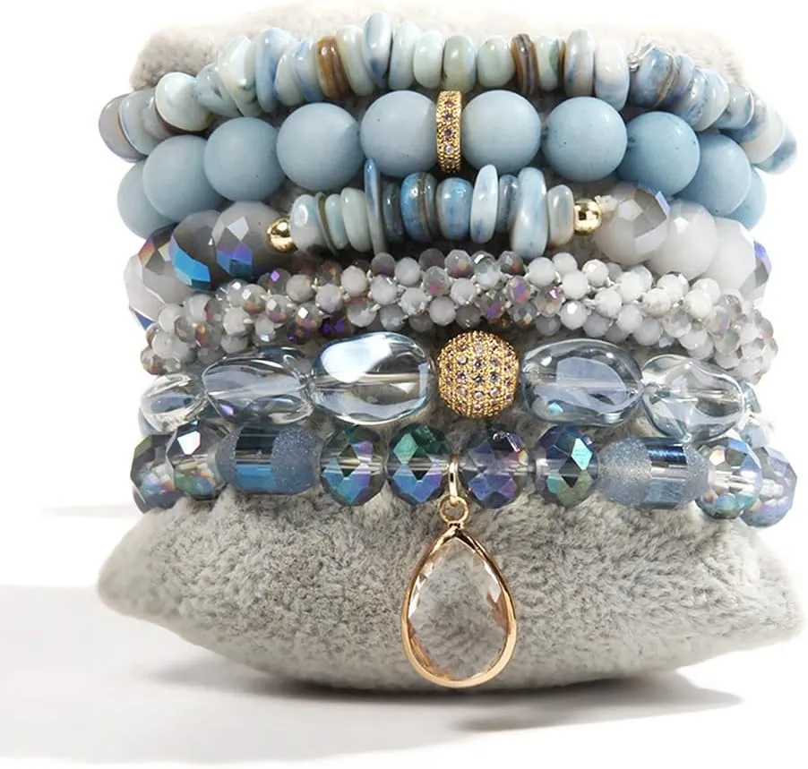 Boho Beaded Bracelets/Bangle for Women,Multilayer 5/6/7PCS Healing Natural Handmade Stone Bead Bracelets Stackable Stretch Friendship Beaded Bracelet Set Trendy Western Bohemian Jewelry Gift
