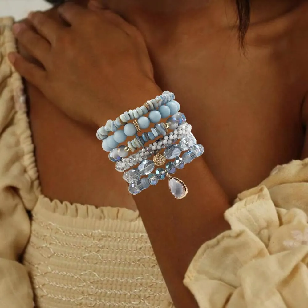 Boho Beaded Bracelets/Bangle for Women,Multilayer 5/6/7PCS Healing Natural Handmade Stone Bead Bracelets Stackable Stretch Friendship Beaded Bracelet Set Trendy Western Bohemian Jewelry Gift