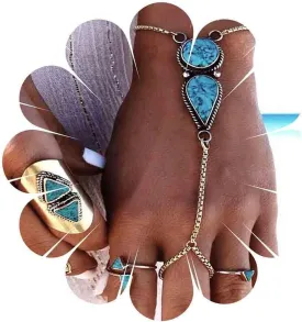 Boho Turquoise Slave Bracelet Turquoise Finger Ring Bracelet Vintage Turquoise Wrist Bracelet Silver Hand Harness Chain Jewelry for Women