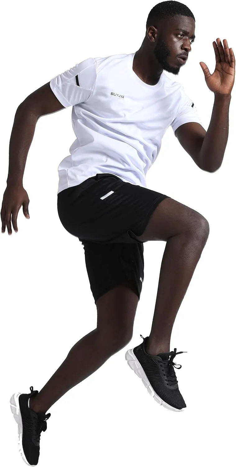 BUYJYA Men's Workout Clothes Athletic Shorts Shirt Set 3 Pack Basketball Football Training Running Gym Christmas gifts