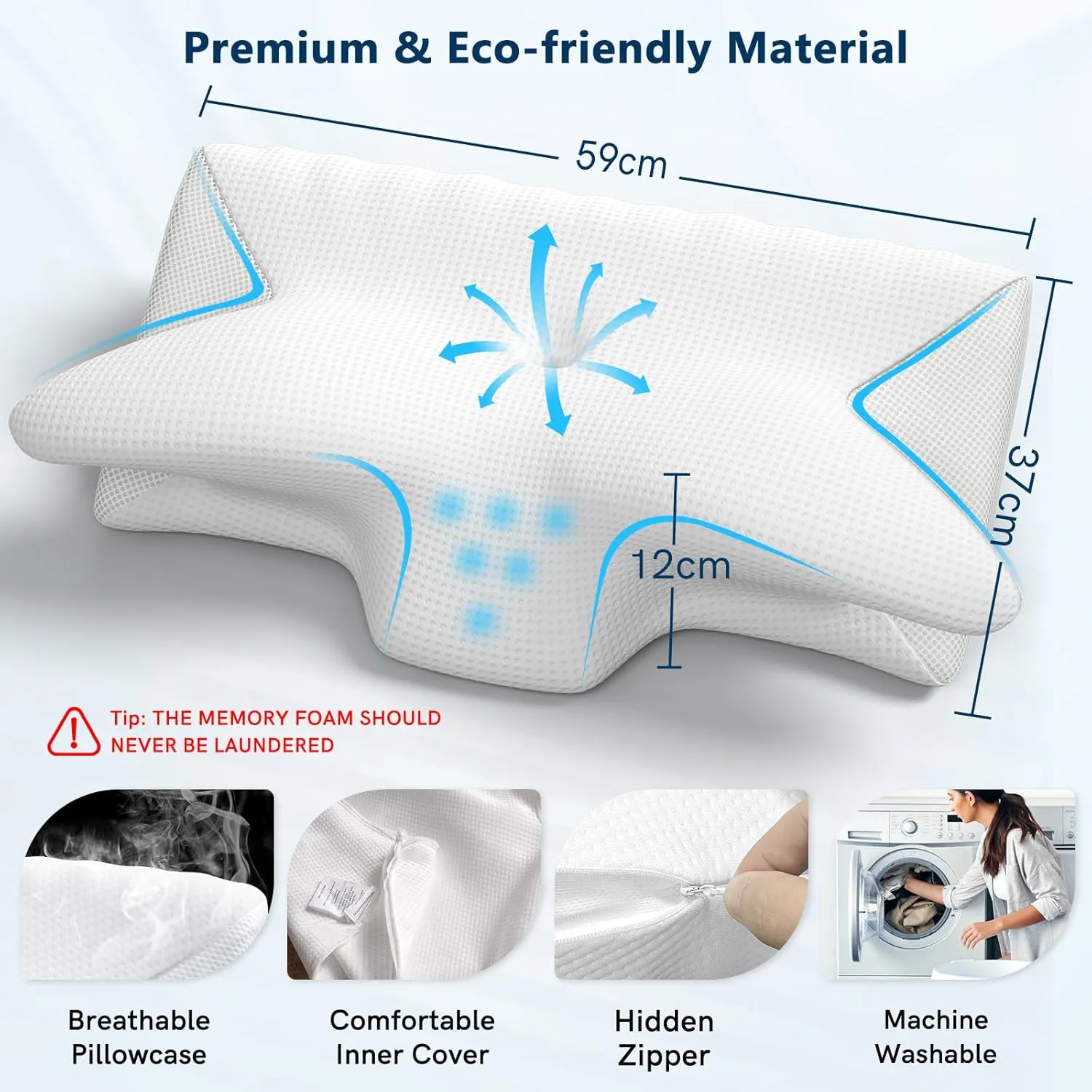 Cervical Neck Pillow for Pain Relief, Adjustable Ergonomic Memory Foam Pillow for Neck and Shoulder Pain, Orthopedic Contour Support Pillows for Side Back & Stomach Sleepers, White