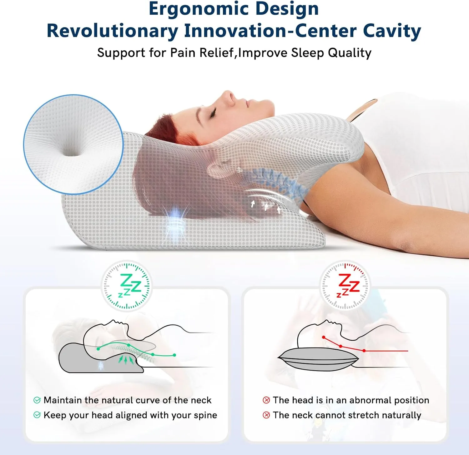 Cervical Neck Pillow for Pain Relief, Adjustable Ergonomic Memory Foam Pillow for Neck and Shoulder Pain, Orthopedic Contour Support Pillows for Side Back & Stomach Sleepers, White