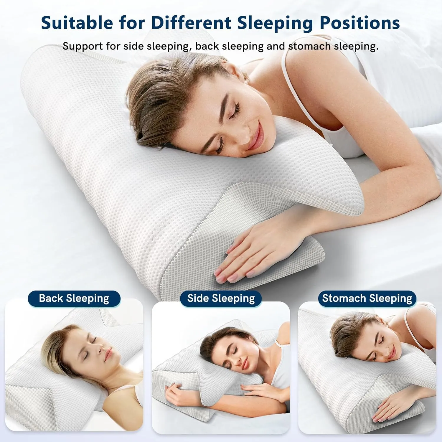 Cervical Neck Pillow for Pain Relief, Adjustable Ergonomic Memory Foam Pillow for Neck and Shoulder Pain, Orthopedic Contour Support Pillows for Side Back & Stomach Sleepers, White