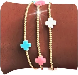 choice of all Gold Bracelets for Women Trendy Beaded Bracelet Non Tarnish Stack Cross Pearl Beaded Stretch Bracelets Jewelry Gifts for Women