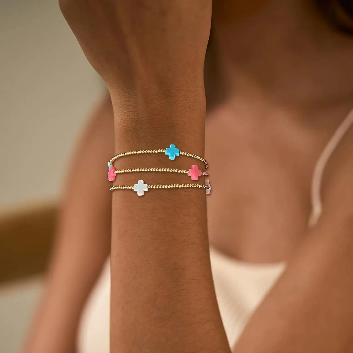 choice of all Gold Bracelets for Women Trendy Beaded Bracelet Non Tarnish Stack Cross Pearl Beaded Stretch Bracelets Jewelry Gifts for Women