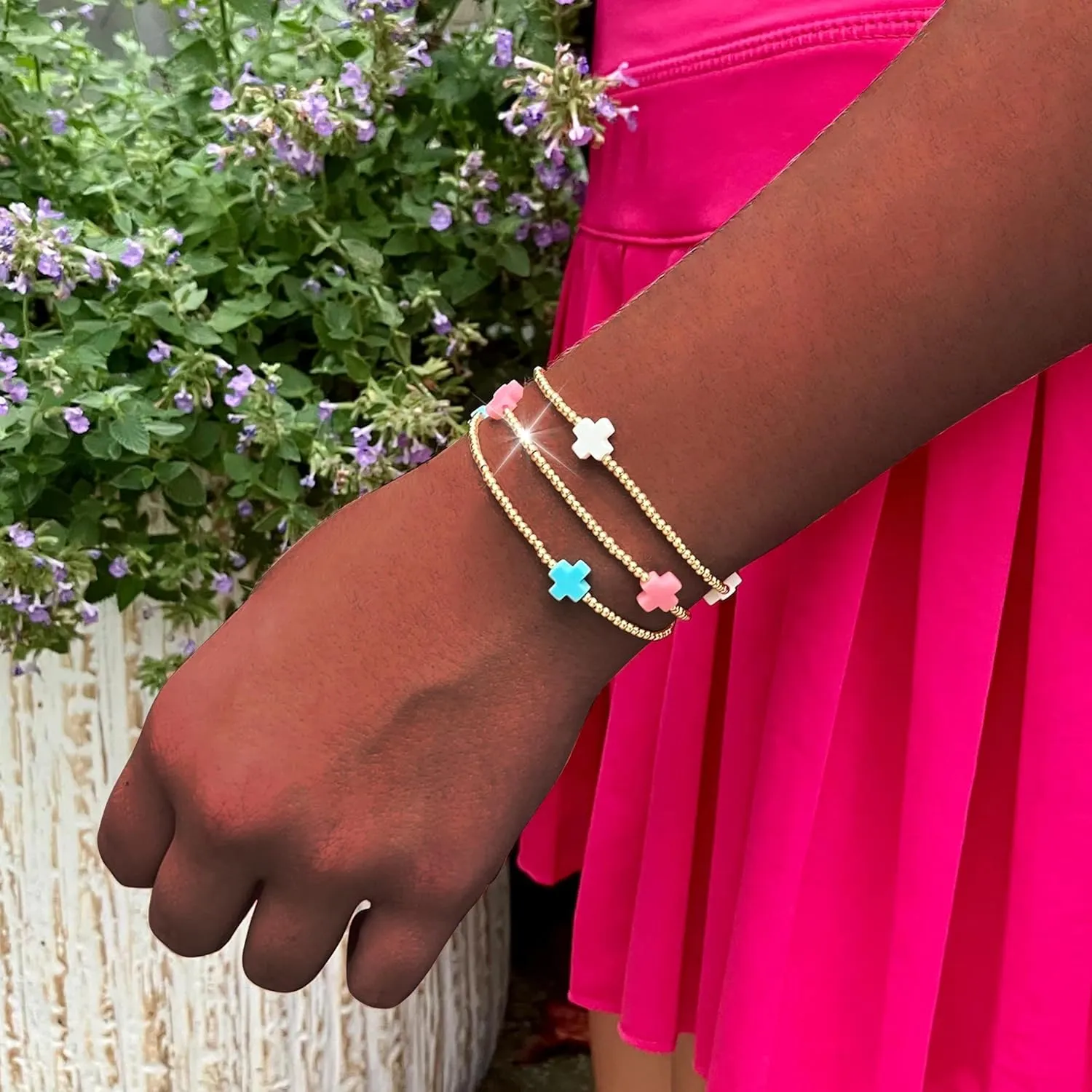 choice of all Gold Bracelets for Women Trendy Beaded Bracelet Non Tarnish Stack Cross Pearl Beaded Stretch Bracelets Jewelry Gifts for Women