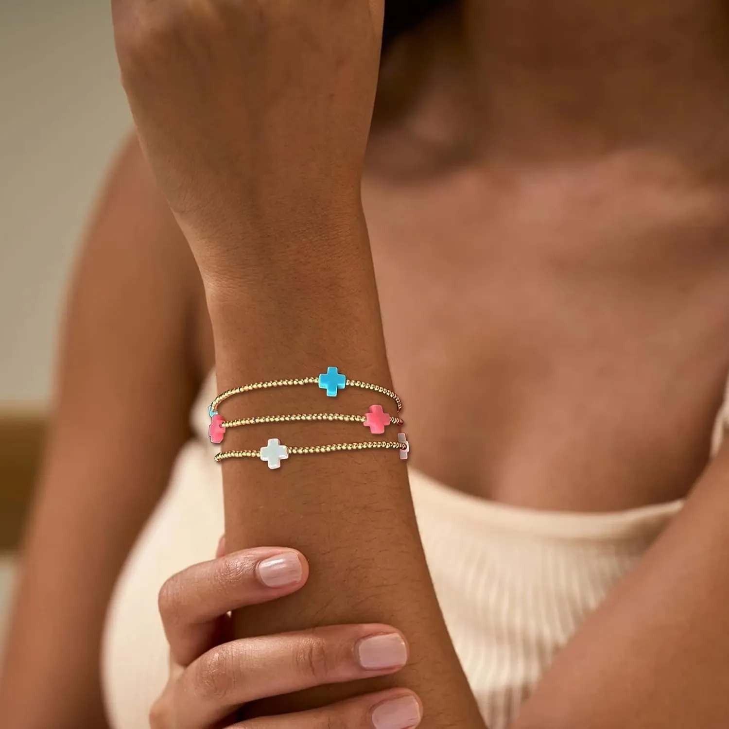 choice of all Gold Bracelets for Women Trendy Beaded Bracelet Non Tarnish Stack Cross Pearl Beaded Stretch Bracelets Jewelry Gifts for Women
