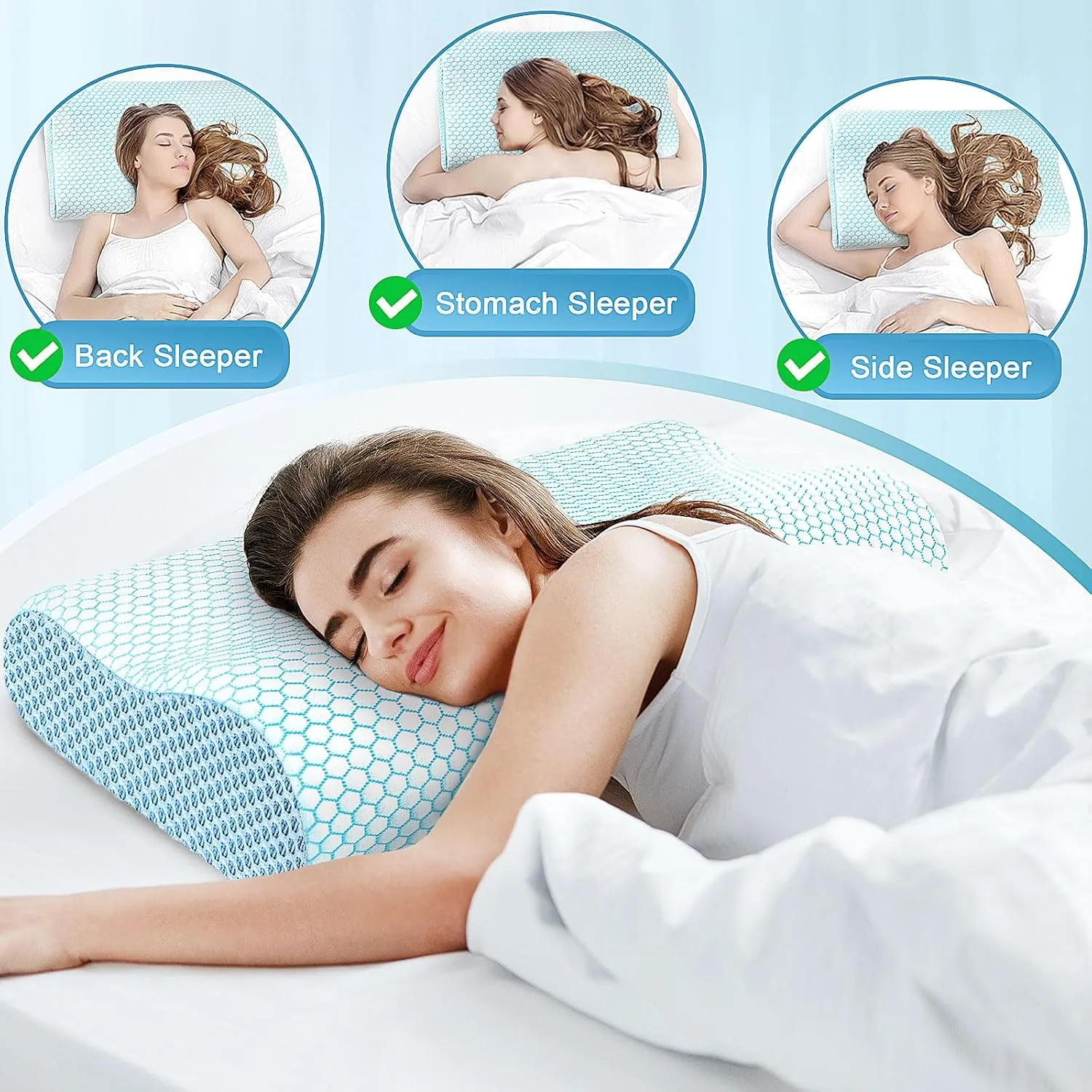 CloudBliss Memory Foam Pillow, Ergonomic Neck Contour Cervical Pillow for Neck and Shoulder Pain, Orthopedic Pillow for Neck Pain Relief, for Sleeping Side, Back, Stomach Sleepers - Blue, Queen