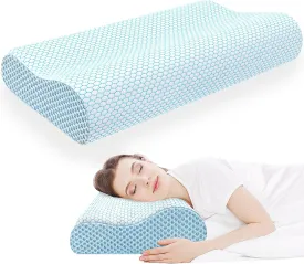 CloudBliss Memory Foam Pillow, Ergonomic Neck Contour Cervical Pillow for Neck and Shoulder Pain, Orthopedic Pillow for Neck Pain Relief, for Sleeping Side, Back, Stomach Sleepers - Blue, Queen