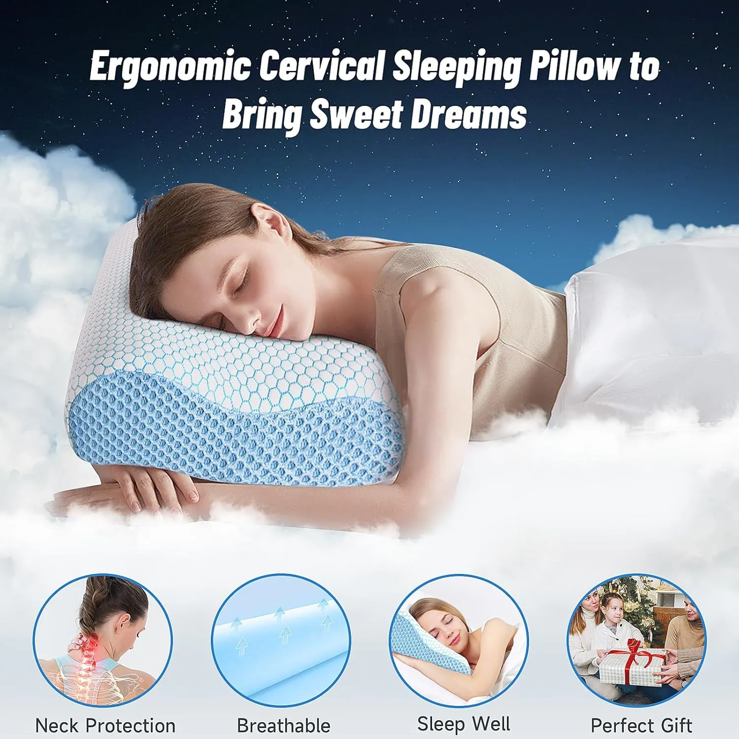 CloudBliss Memory Foam Pillow, Ergonomic Neck Contour Cervical Pillow for Neck and Shoulder Pain, Orthopedic Pillow for Neck Pain Relief, for Sleeping Side, Back, Stomach Sleepers - Blue, Queen