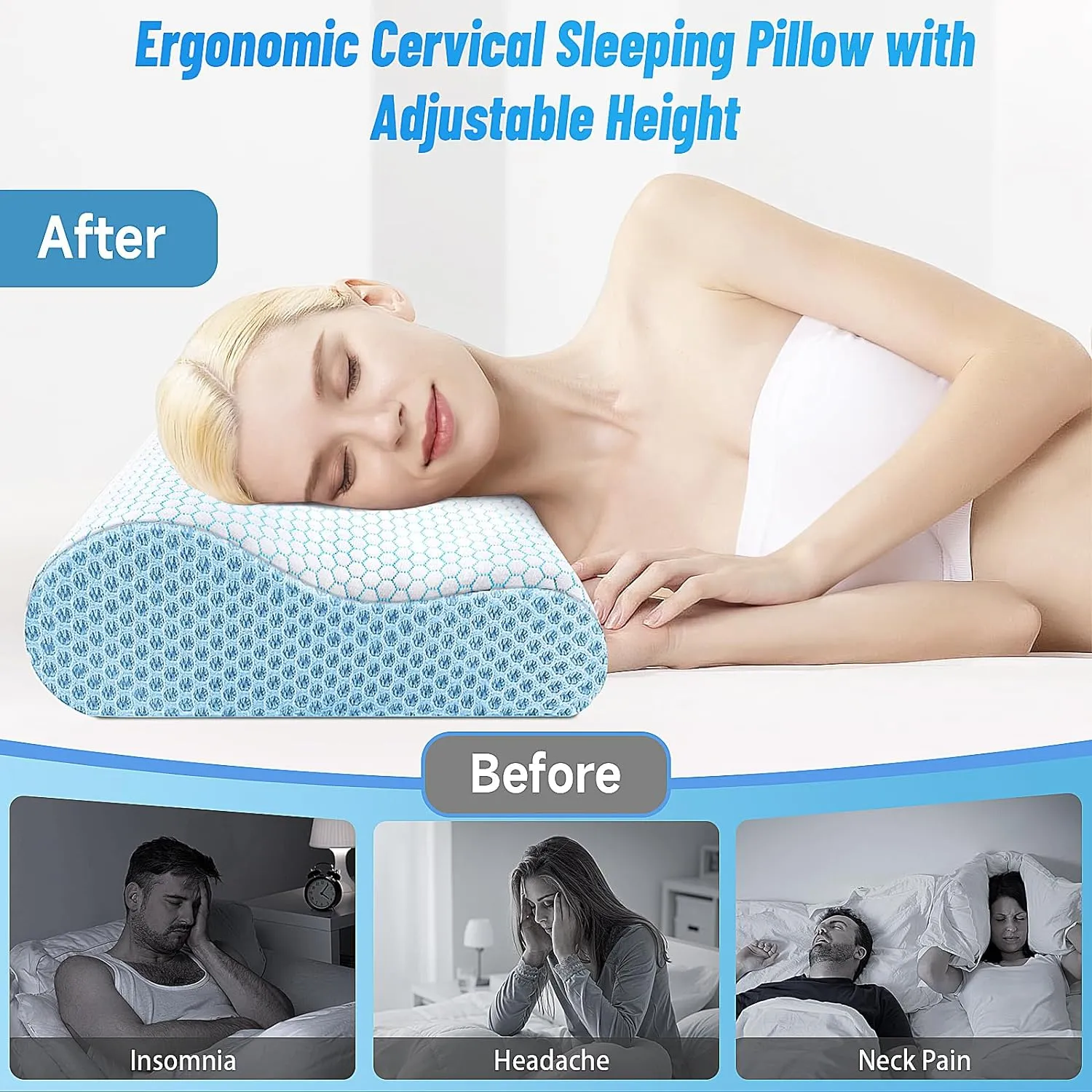 CloudBliss Memory Foam Pillow, Ergonomic Neck Contour Cervical Pillow for Neck and Shoulder Pain, Orthopedic Pillow for Neck Pain Relief, for Sleeping Side, Back, Stomach Sleepers - Blue, Queen