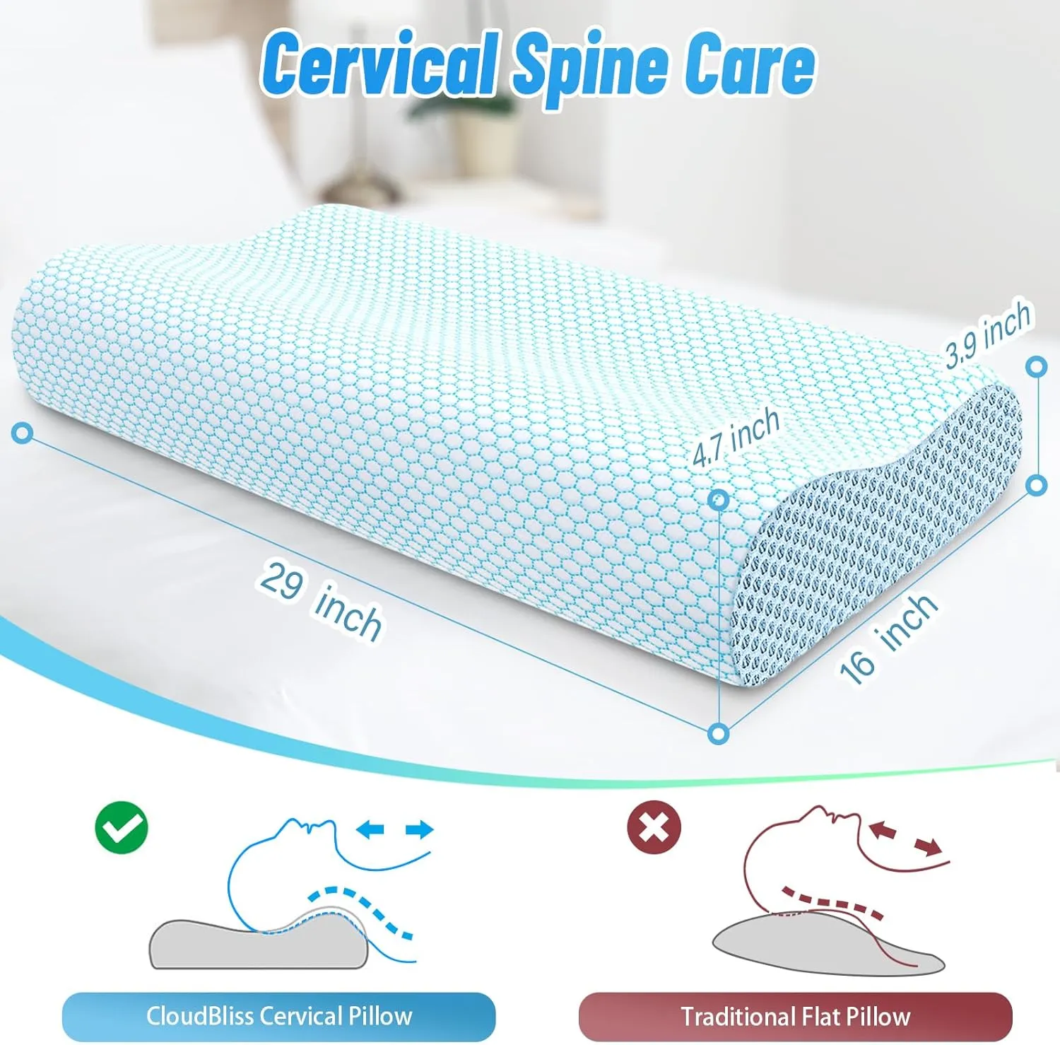 CloudBliss Memory Foam Pillow, Ergonomic Neck Contour Cervical Pillow for Neck and Shoulder Pain, Orthopedic Pillow for Neck Pain Relief, for Sleeping Side, Back, Stomach Sleepers - Blue, Queen
