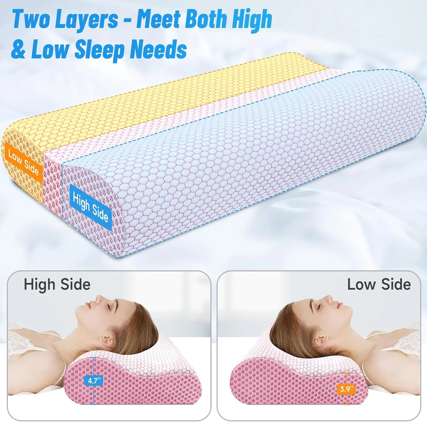 CloudBliss Memory Foam Pillow, Ergonomic Neck Contour Cervical Pillow for Neck and Shoulder Pain, Orthopedic Pillow for Neck Pain Relief, for Sleeping Side, Back, Stomach Sleepers - Pink, Queen