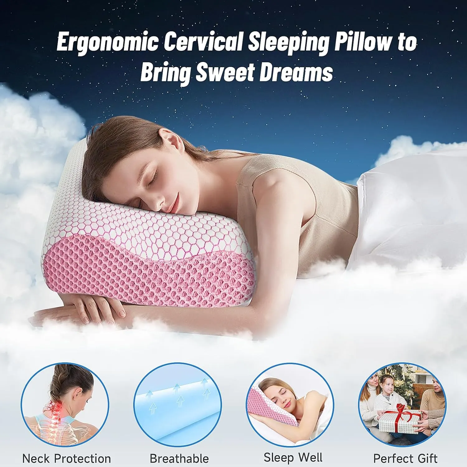 CloudBliss Memory Foam Pillow, Ergonomic Neck Contour Cervical Pillow for Neck and Shoulder Pain, Orthopedic Pillow for Neck Pain Relief, for Sleeping Side, Back, Stomach Sleepers - Pink, Queen