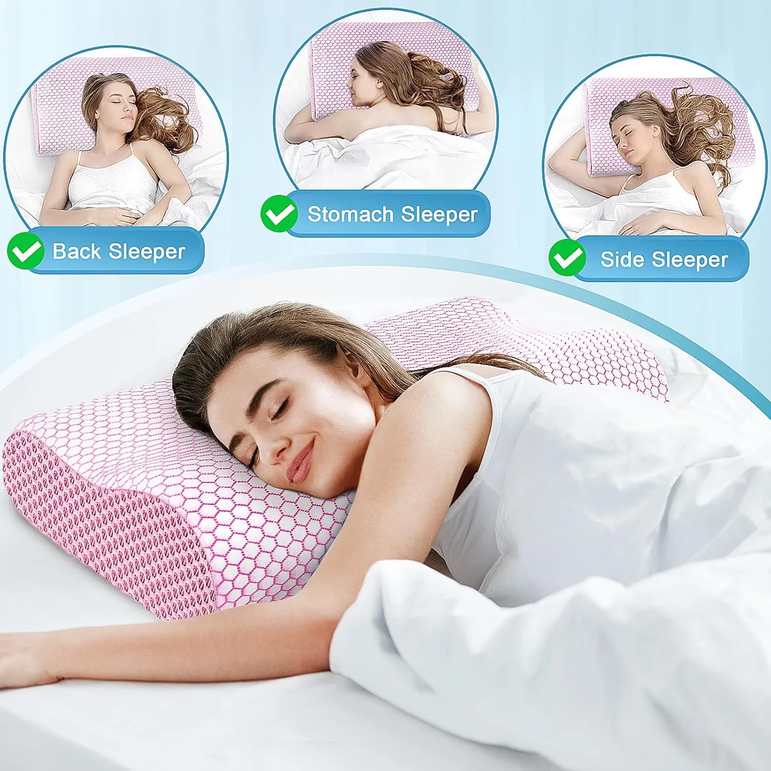 CloudBliss Memory Foam Pillow, Ergonomic Neck Contour Cervical Pillow for Neck and Shoulder Pain, Orthopedic Pillow for Neck Pain Relief, for Sleeping Side, Back, Stomach Sleepers - Pink, Queen