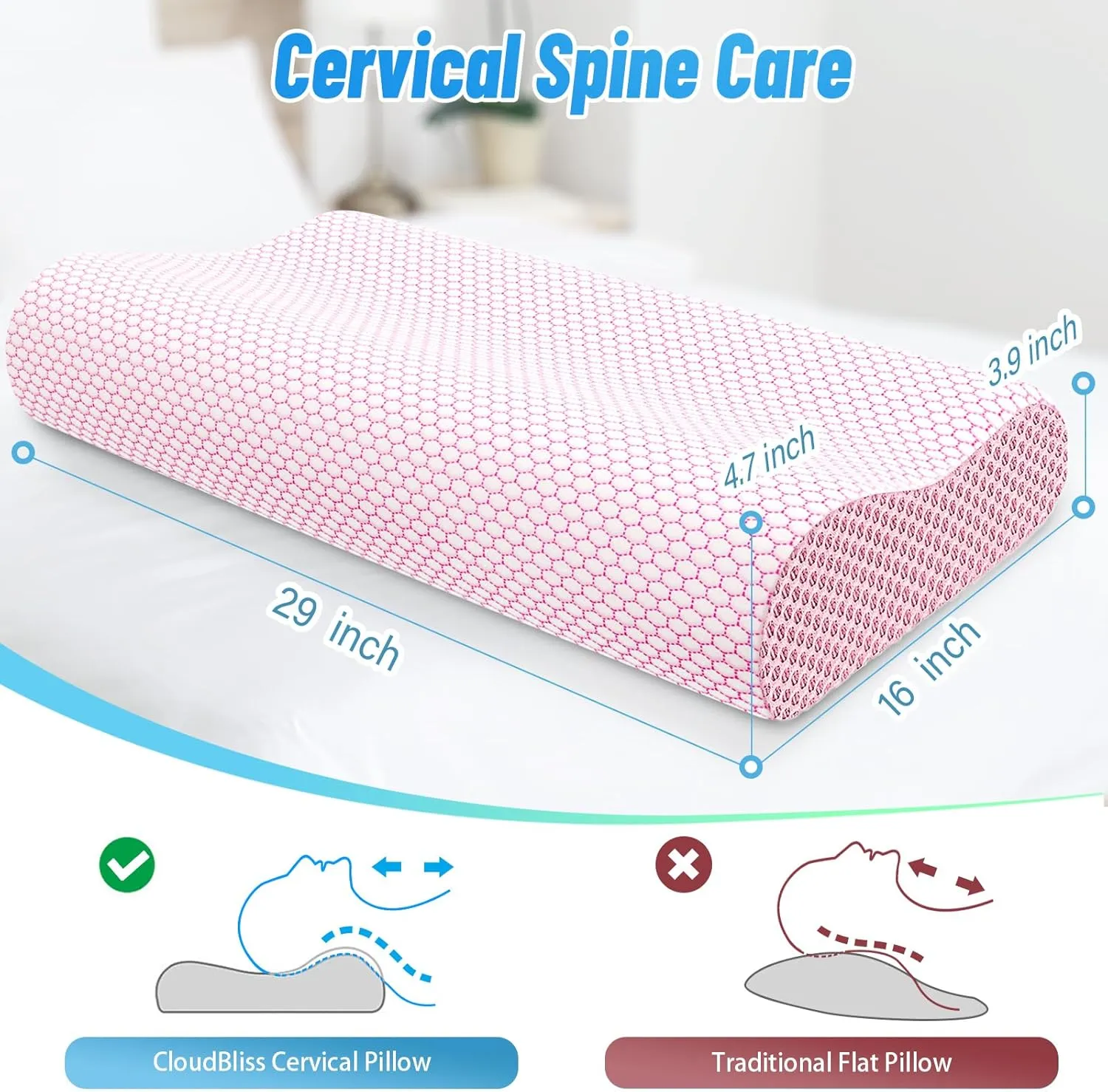 CloudBliss Memory Foam Pillow, Ergonomic Neck Contour Cervical Pillow for Neck and Shoulder Pain, Orthopedic Pillow for Neck Pain Relief, for Sleeping Side, Back, Stomach Sleepers - Pink, Queen