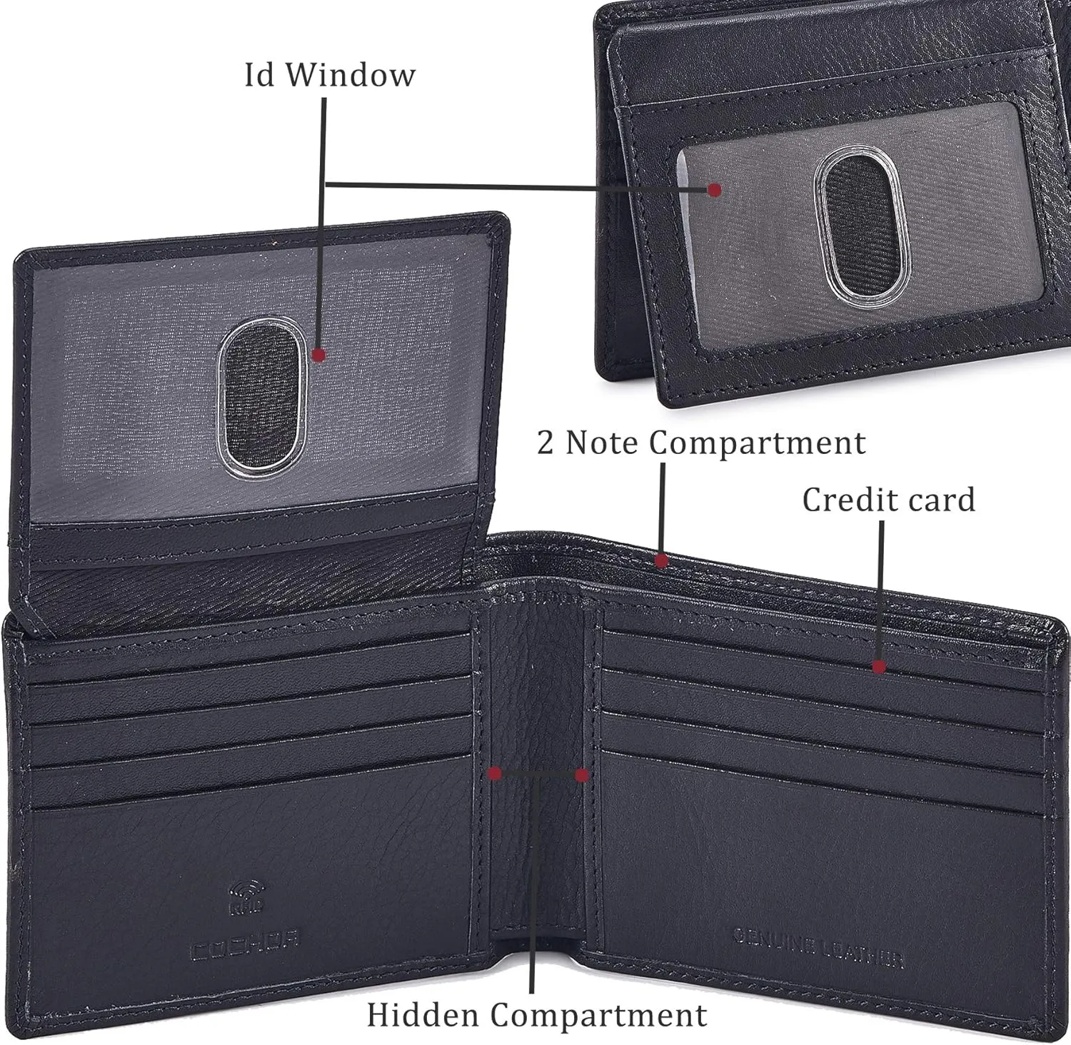 Cochoa Wallet for Men's RFID Blocking Real Leather Bifold Stylish 2 ID Window in Gift Box