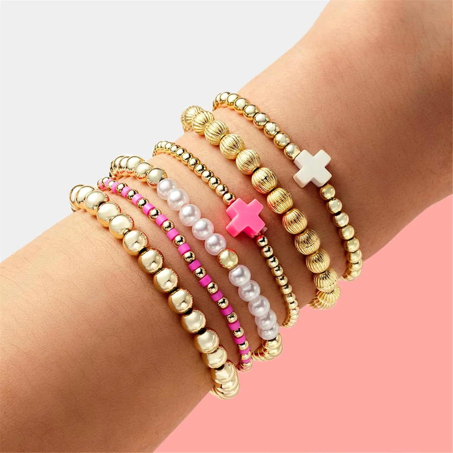COLORFUL BLING Stackable Cross Bracelets Set for Women Imetation Pearl Resin Beaded Stretch Bracelet Stack Jewelry Birthday Christmas Prom Gifts