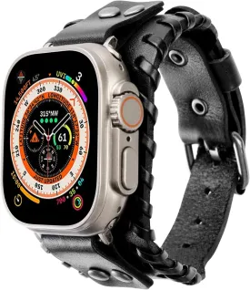 Compatible with Apple Watch Band 49mm 46mm 45mm 44mm 42mm 41mm 40mm 38mm iWatch Ultra Series 10/9/8/7/SE/6/5/4/3/2/1 for Men Women, Leather Handmade Cuff Bracelet Woven Vintage Strap