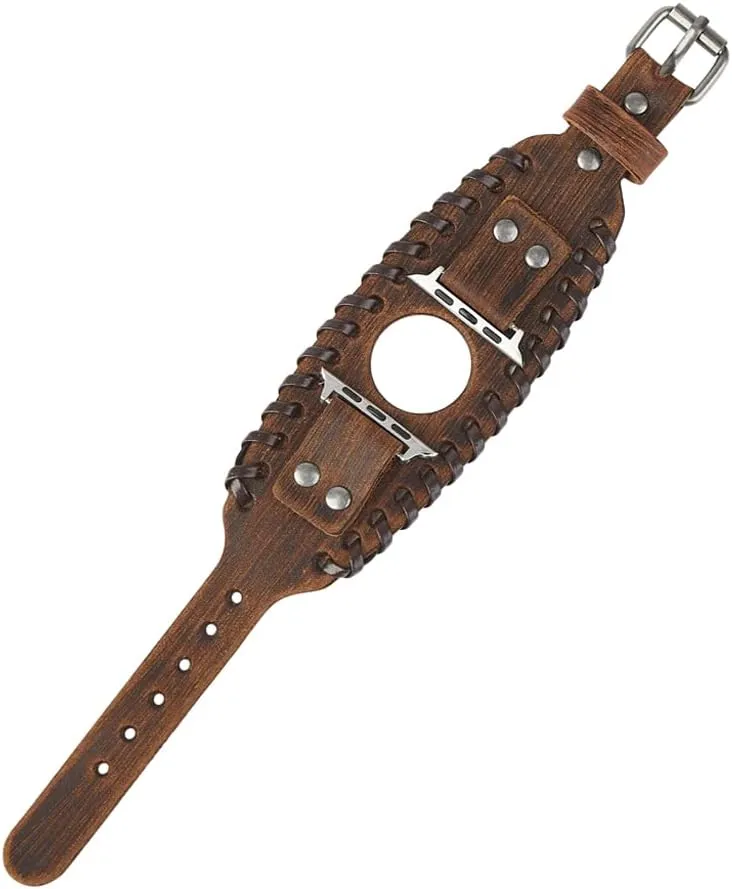 Compatible with Apple Watch Band 49mm 46mm 45mm 44mm 42mm 41mm 40mm 38mm iWatch Ultra Series 10/9/8/7/SE/6/5/4/3/2/1 for Men Women, Leather Handmade Cuff Bracelet Woven Vintage Strap