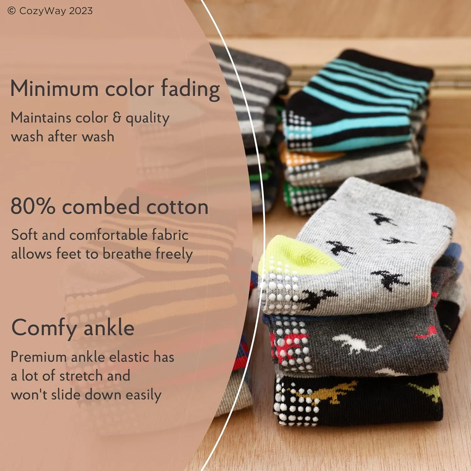 CozyWay Kids Socks With Grippers Non Slip Crew Grip Socks for Girls and Boys Soft Comfy Cotton Unisex - 12 Pack