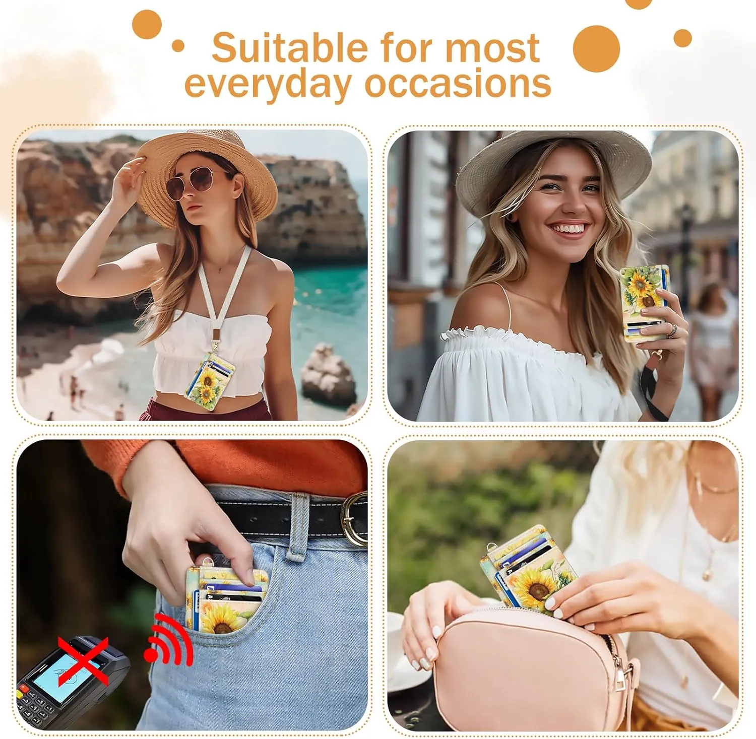 Credit Card Holder Slim Wallet, Sunflower RFID Wallet Women Front Pocket Small Card Holder, Travel Cute Funny Thin Card Case ID Window PU Leather RFID Blocking Card Organizer Gifts Girls