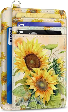 Credit Card Holder Slim Wallet, Sunflower RFID Wallet Women Front Pocket Small Card Holder, Travel Cute Funny Thin Card Case ID Window PU Leather RFID Blocking Card Organizer Gifts Girls