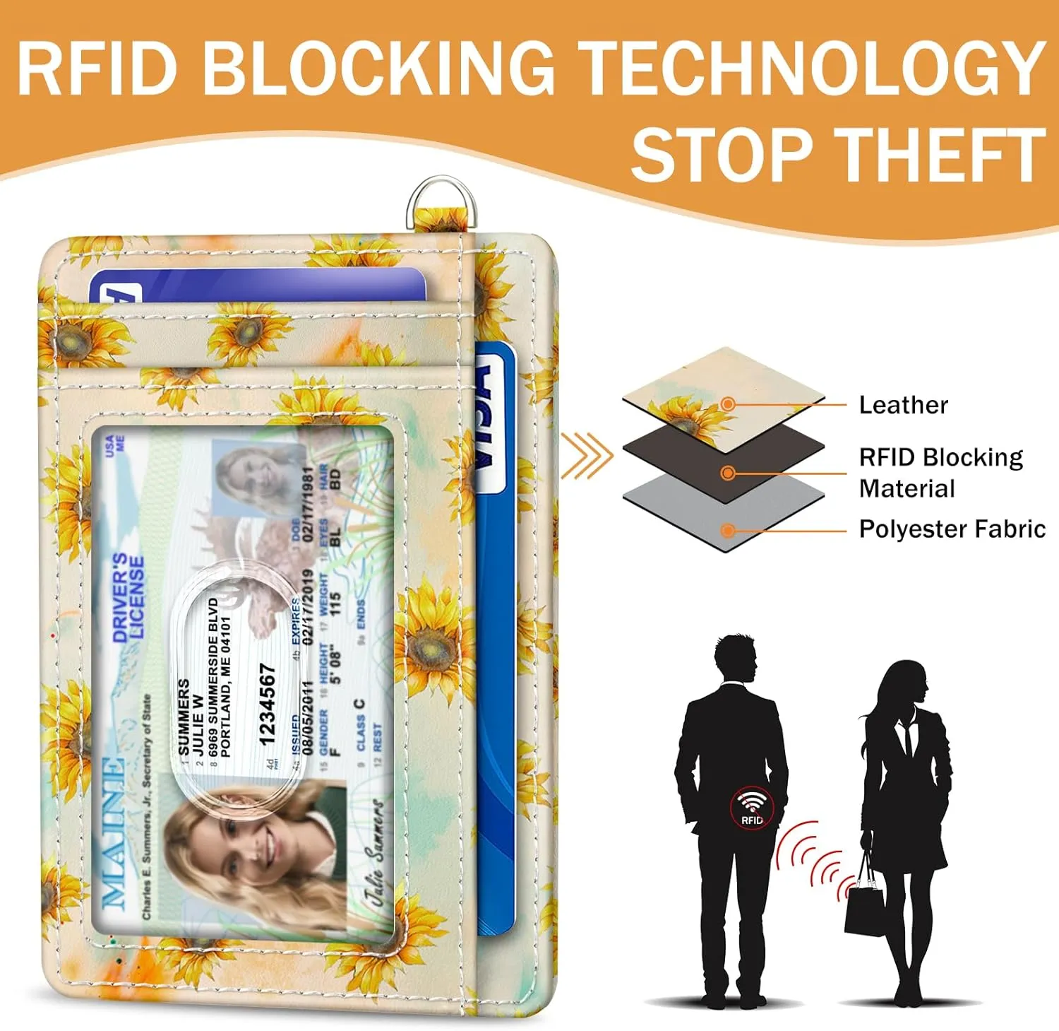 Credit Card Holder Slim Wallet, Sunflower RFID Wallet Women Front Pocket Small Card Holder, Travel Cute Funny Thin Card Case ID Window PU Leather RFID Blocking Card Organizer Gifts Girls