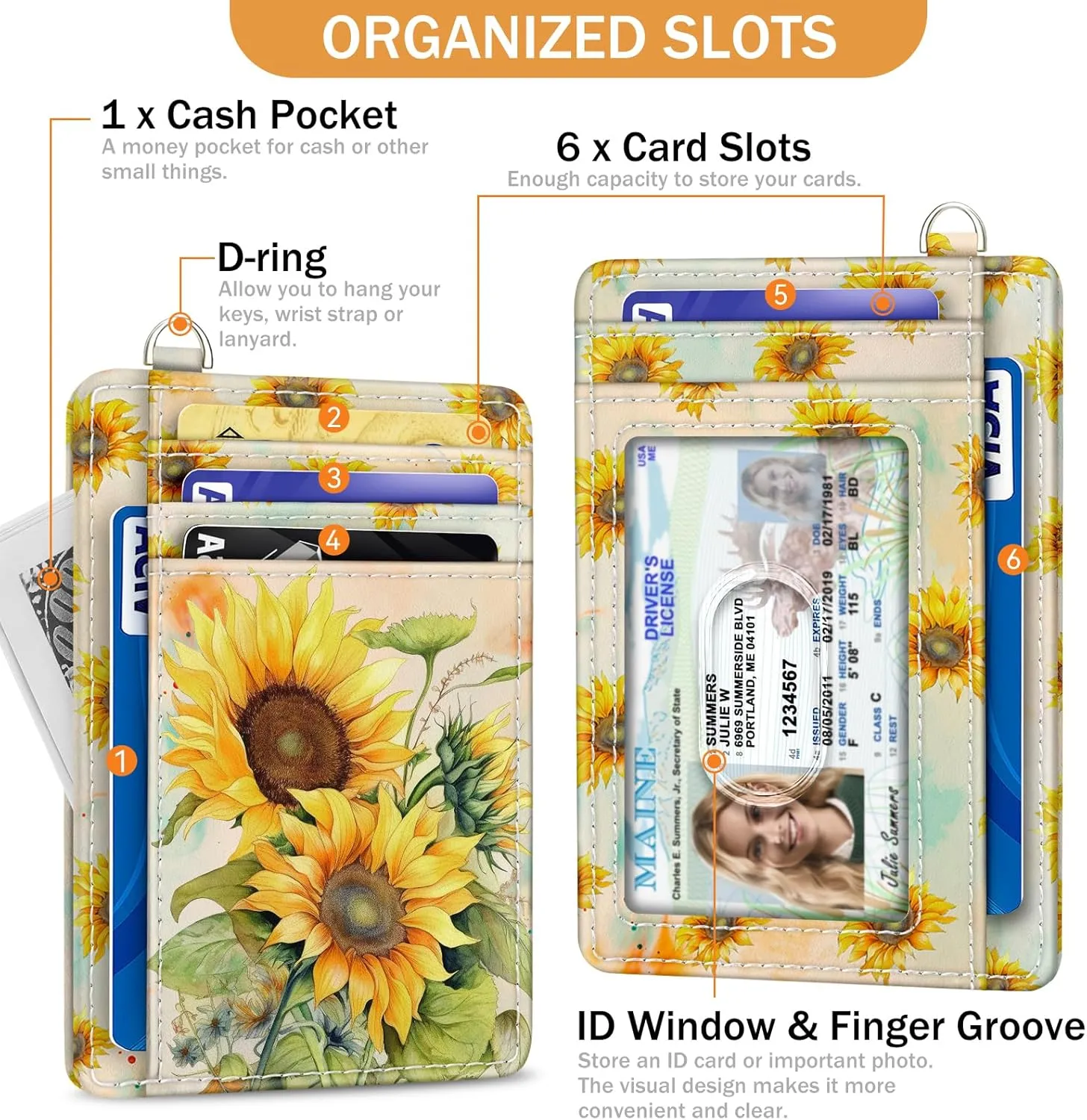 Credit Card Holder Slim Wallet, Sunflower RFID Wallet Women Front Pocket Small Card Holder, Travel Cute Funny Thin Card Case ID Window PU Leather RFID Blocking Card Organizer Gifts Girls