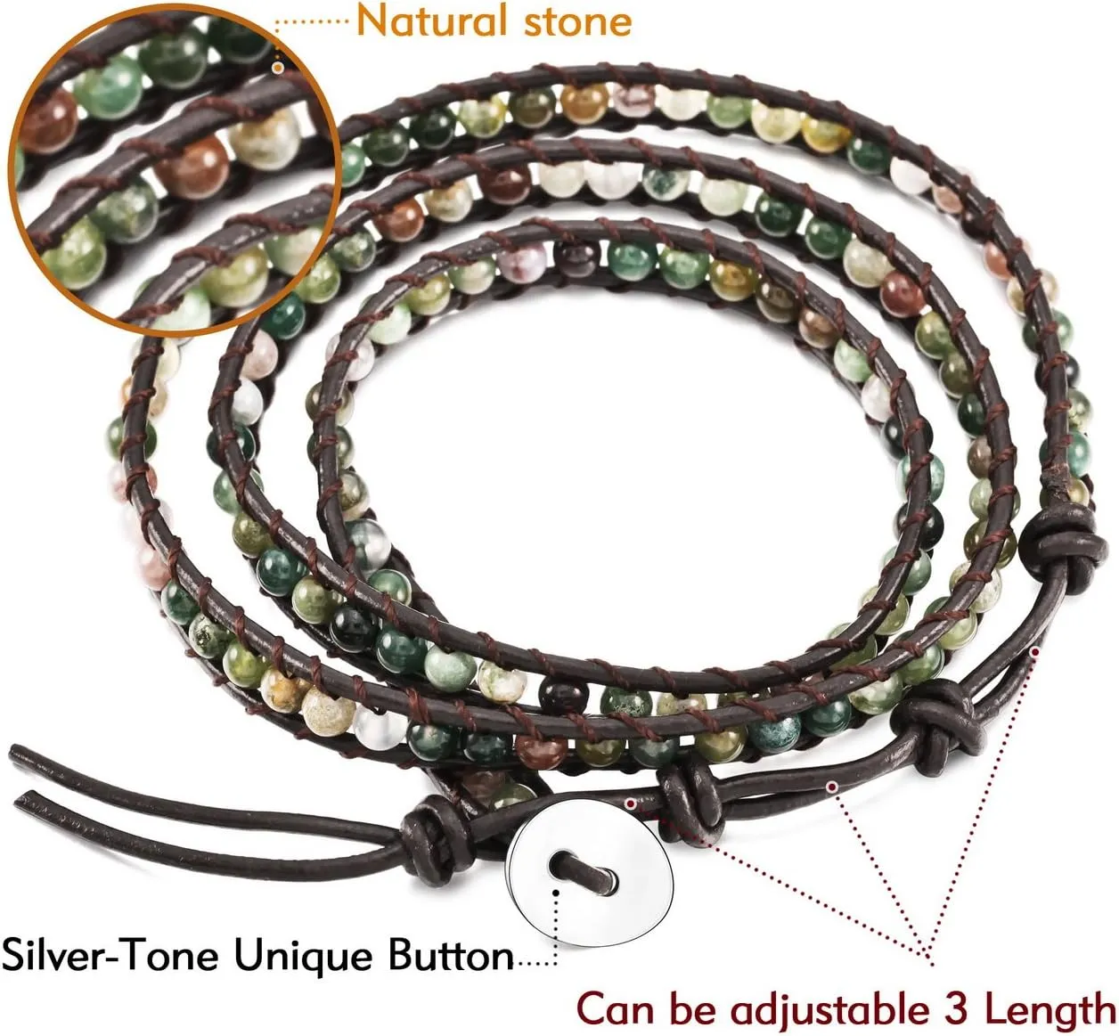 Custom Bead Wrap Bracelet for Women Engraved Name Photo Handmade Natural Agate Beads Layered Bracelet Bohemian Style 3 Wraps Adjustable Bracelets Jewelry Gifts