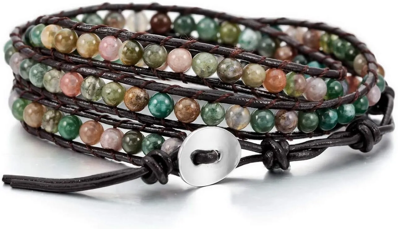 Custom Bead Wrap Bracelet for Women Engraved Name Photo Handmade Natural Agate Beads Layered Bracelet Bohemian Style 3 Wraps Adjustable Bracelets Jewelry Gifts