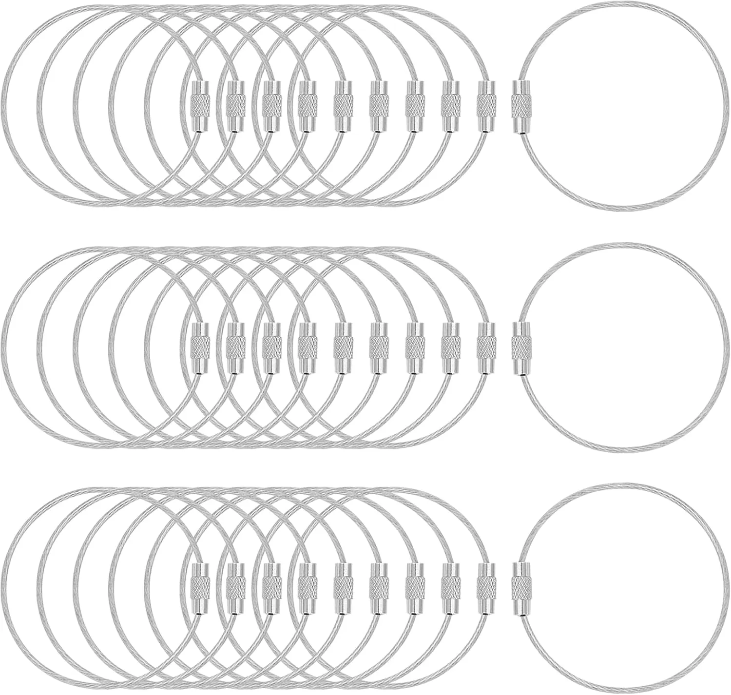 DFTOA-30 Pack 6 inch Extendable Wire Keychain Cable/Luggage Tags/Loops Holder/ID Tag Keeper, Silver Cable Key Ring