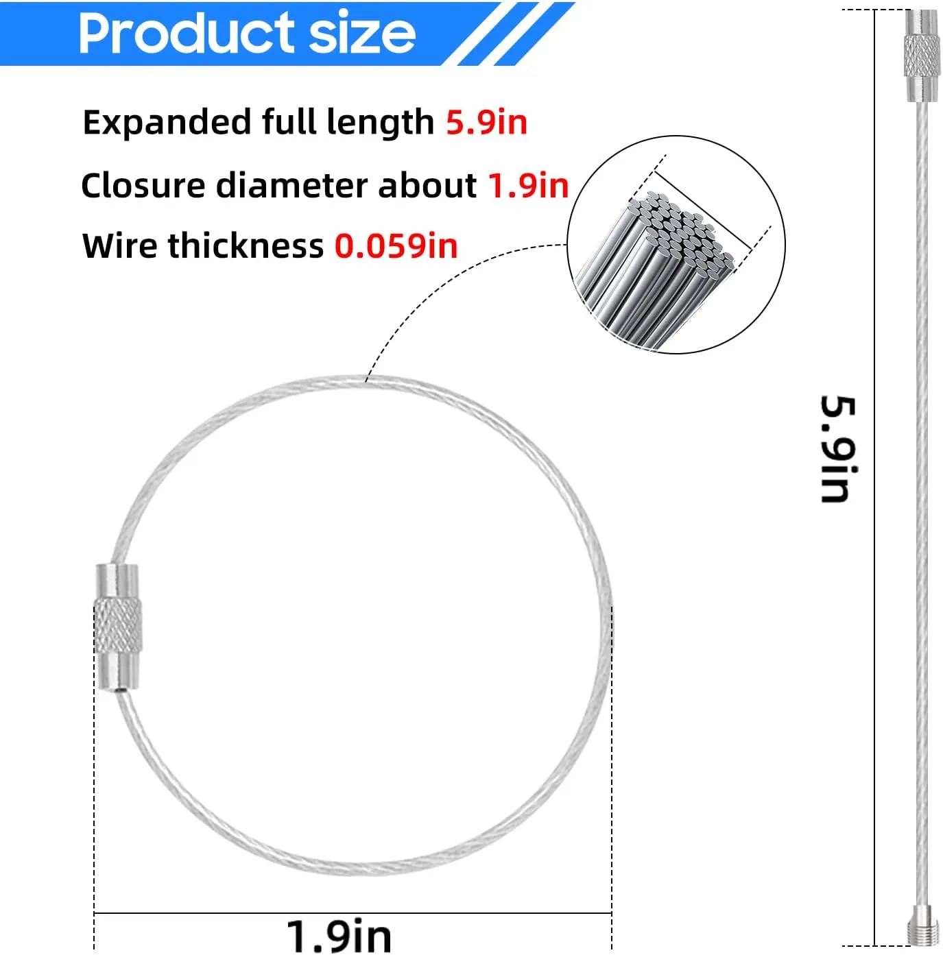 DFTOA-30 Pack 6 inch Extendable Wire Keychain Cable/Luggage Tags/Loops Holder/ID Tag Keeper, Silver Cable Key Ring