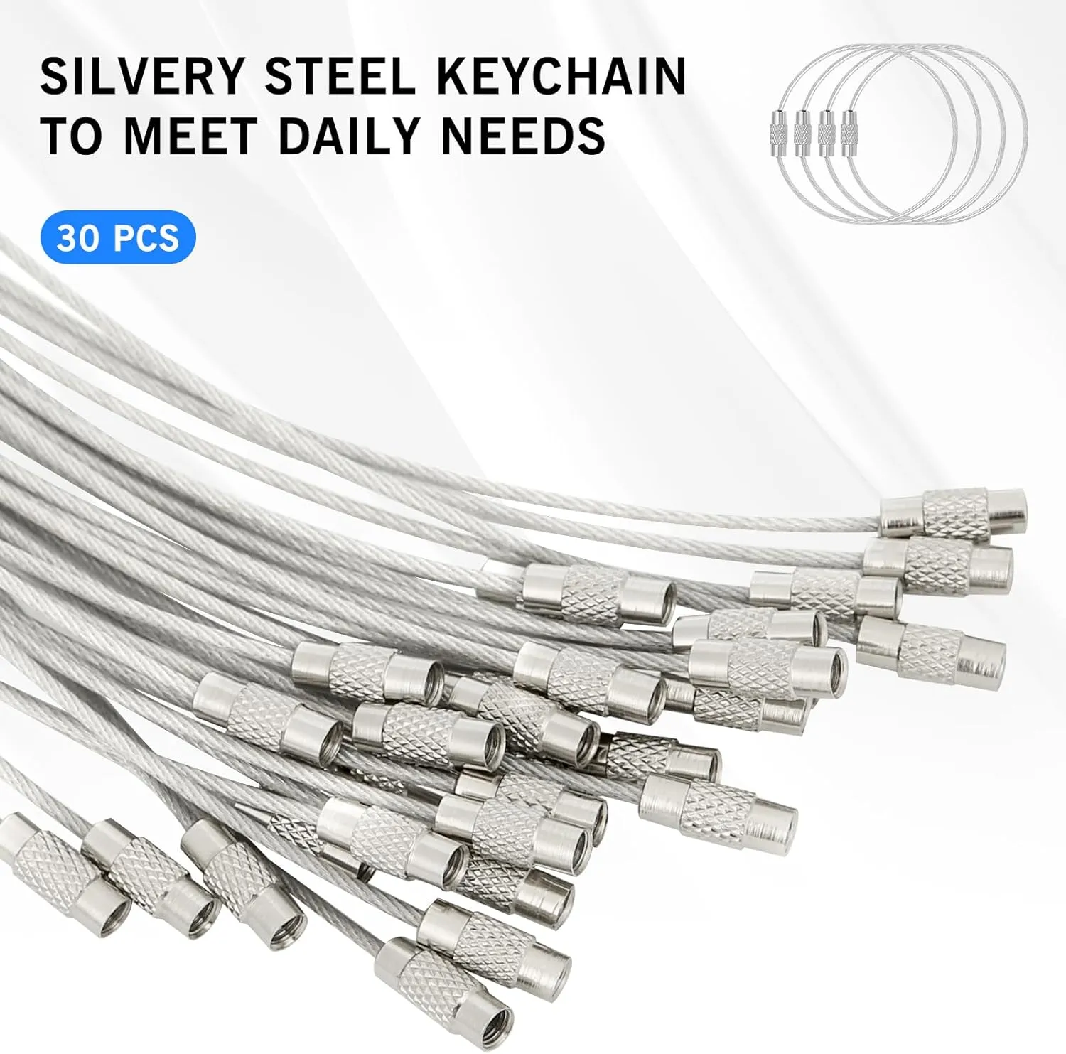 DFTOA-30 Pack 6 inch Extendable Wire Keychain Cable/Luggage Tags/Loops Holder/ID Tag Keeper, Silver Cable Key Ring