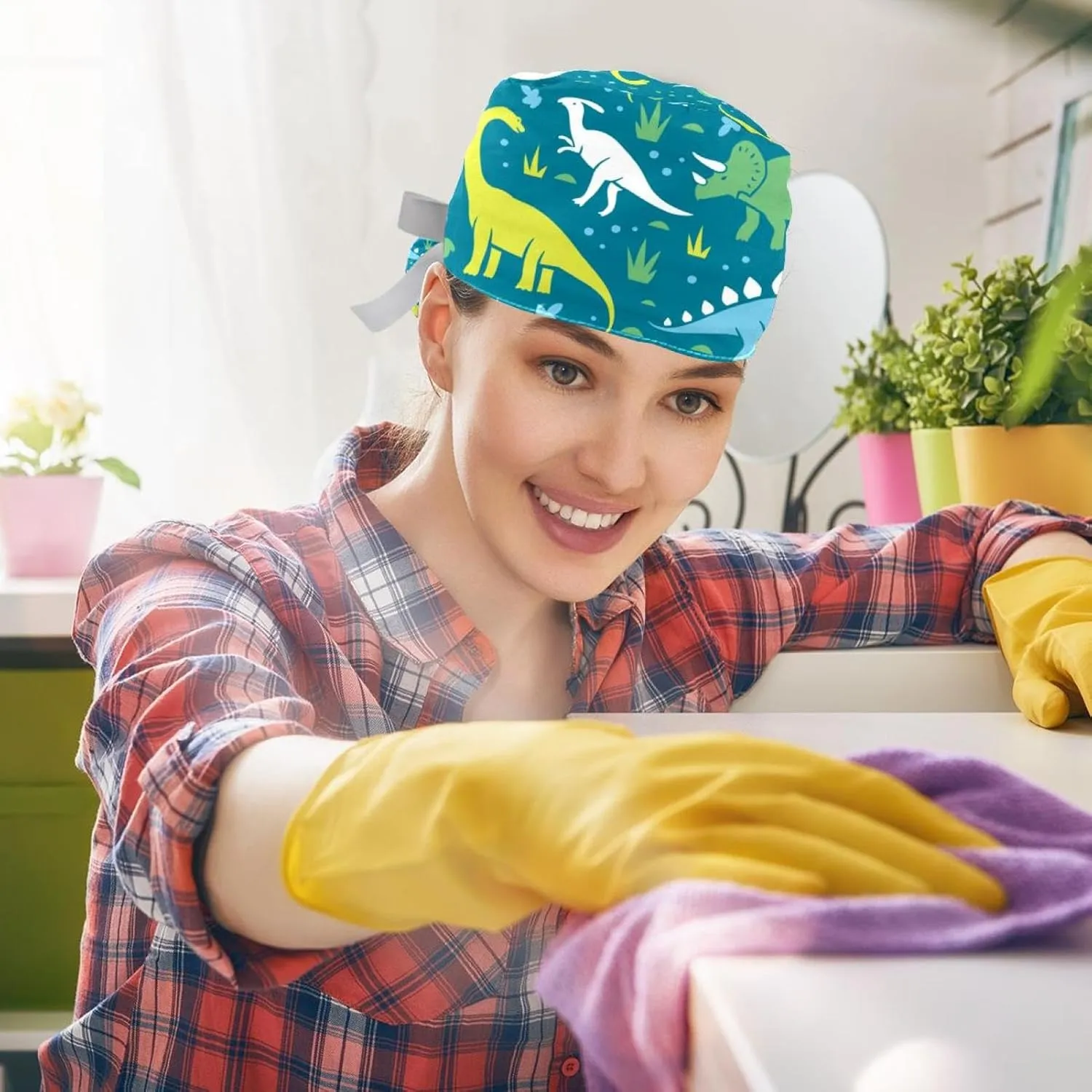 Dinosaur Scrub Caps Women, 2 Packs Working Cap with Ponytail Holder, Adjustable Elastic Bandage Tie Back Hats
