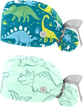 Dinosaur Scrub Caps Women, 2 Packs Working Cap with Ponytail Holder, Adjustable Elastic Bandage Tie Back Hats