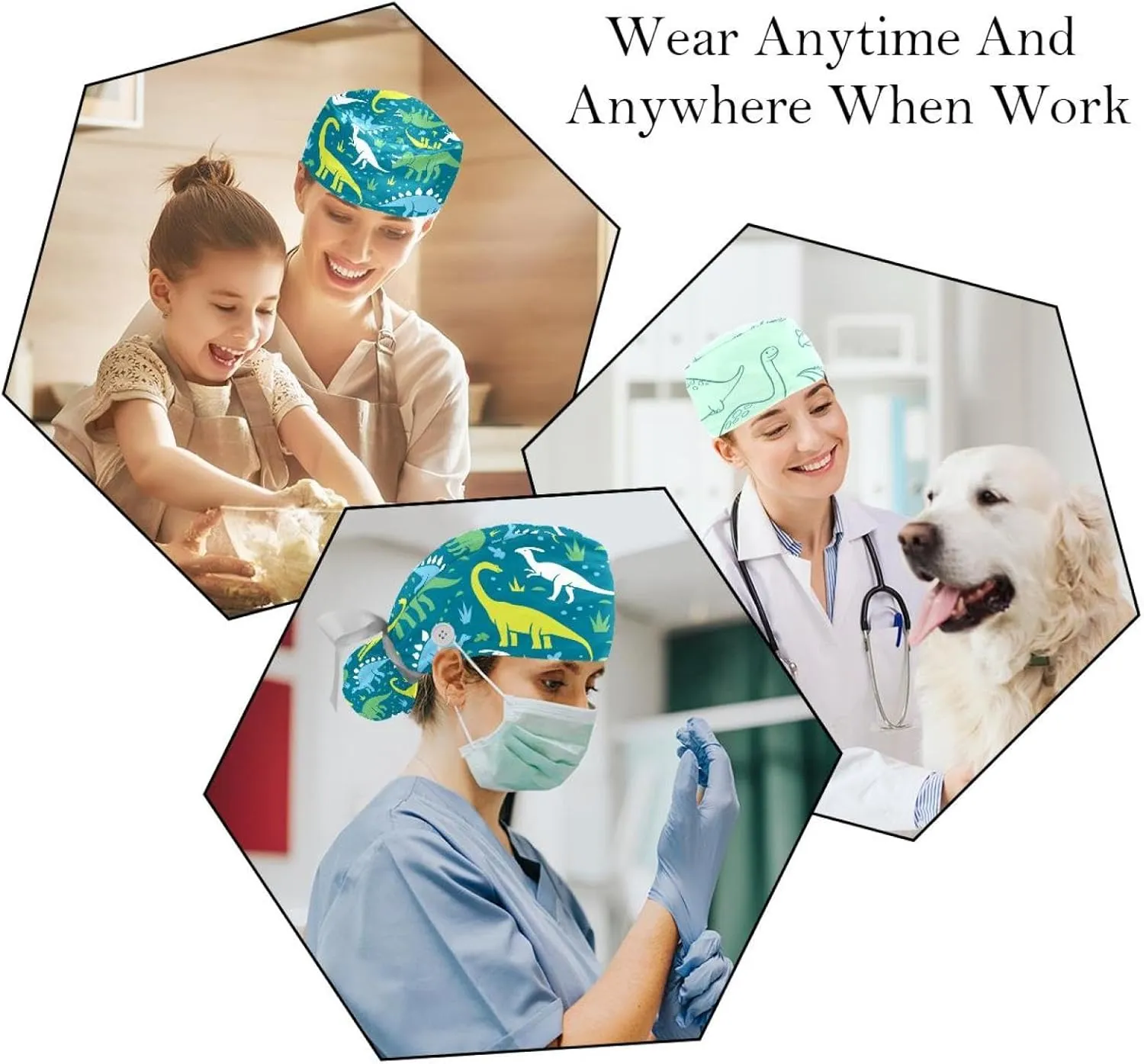 Dinosaur Scrub Caps Women, 2 Packs Working Cap with Ponytail Holder, Adjustable Elastic Bandage Tie Back Hats
