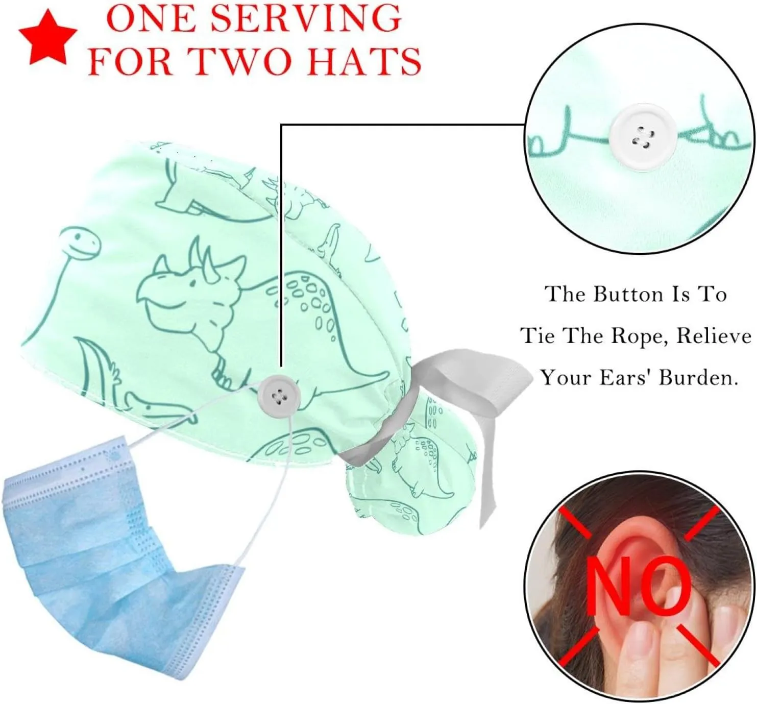 Dinosaur Scrub Caps Women, 2 Packs Working Cap with Ponytail Holder, Adjustable Elastic Bandage Tie Back Hats