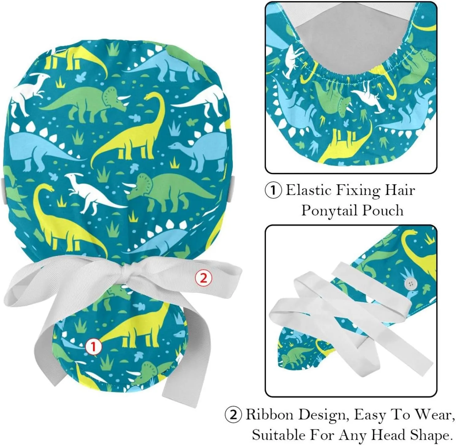 Dinosaur Scrub Caps Women, 2 Packs Working Cap with Ponytail Holder, Adjustable Elastic Bandage Tie Back Hats