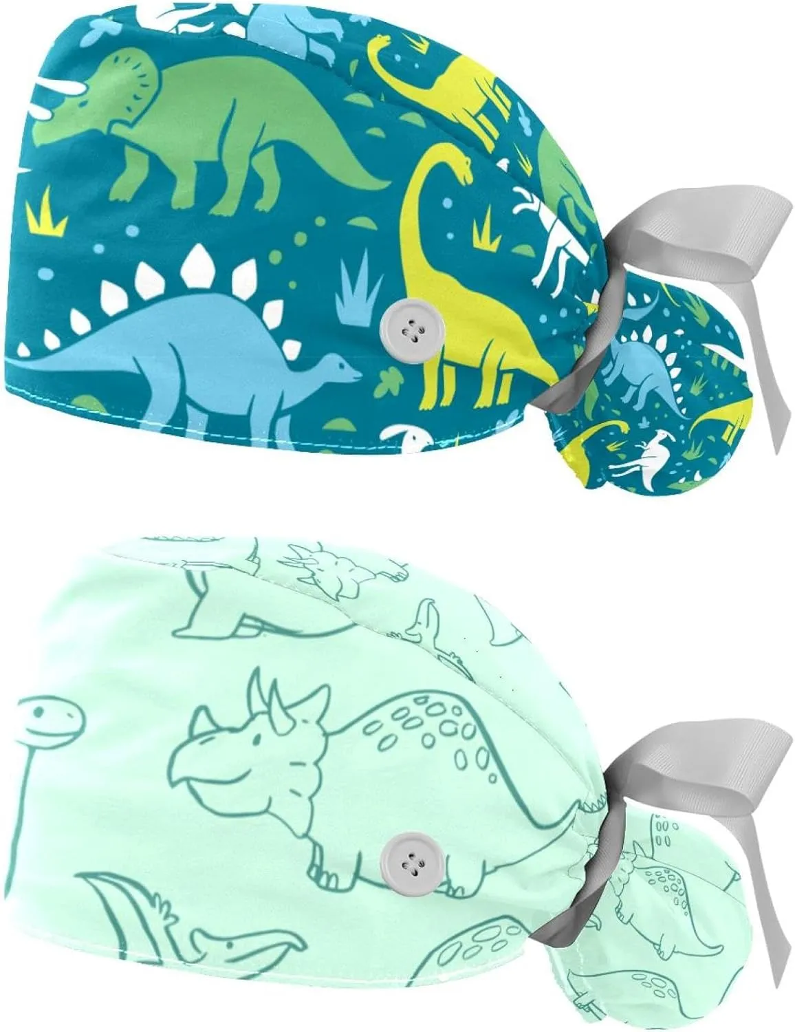 Dinosaur Scrub Caps Women, 2 Packs Working Cap with Ponytail Holder, Adjustable Elastic Bandage Tie Back Hats