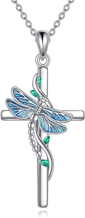 Dragonfly Necklace 925 Sterling Silver Dragonfly Cross Pendant Necklace Dragonfly Cross Jewelry Gift for Women Men